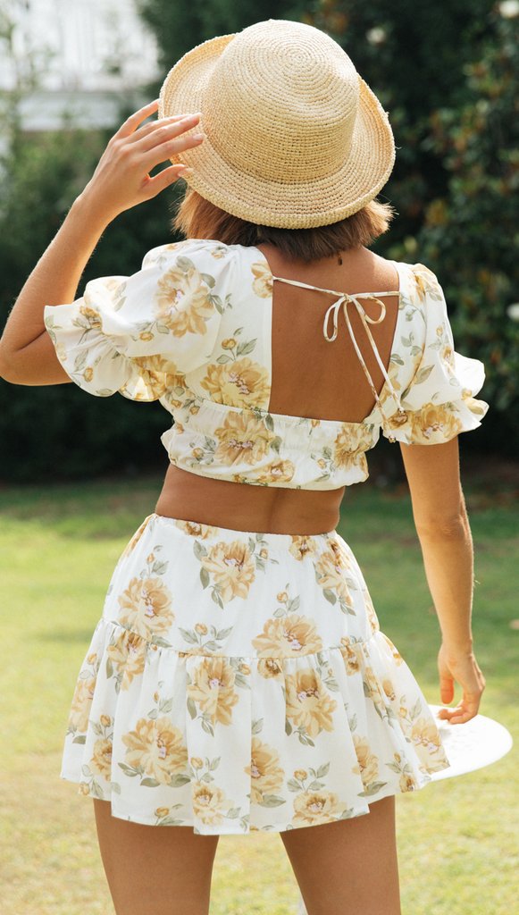 Floral Square Neck Puff Sleeve Crop Top & Skirt Set | Boho Two Piece Outfit | noémi