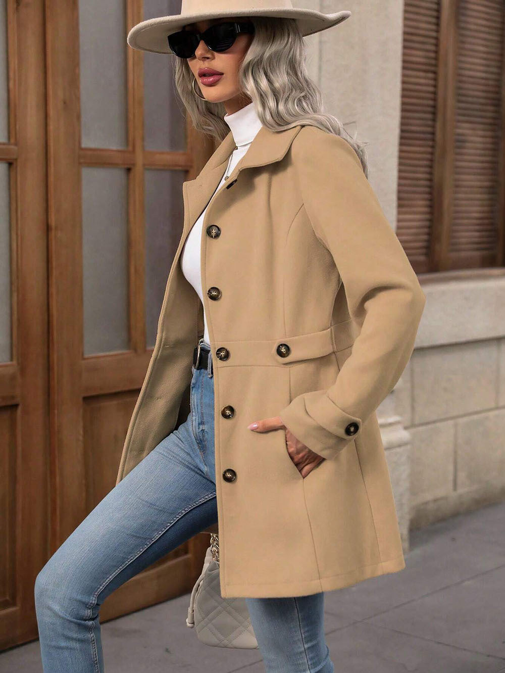 Wool Blend Trench Coat for Women | Slim Fit, Double Breasted | noémi