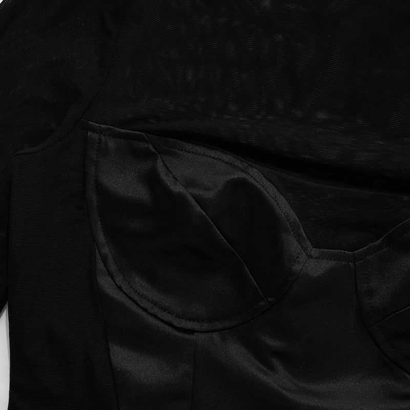 Mesh Patchwork Turtleneck Dress with Cutout Details and Slim Fit | noémi