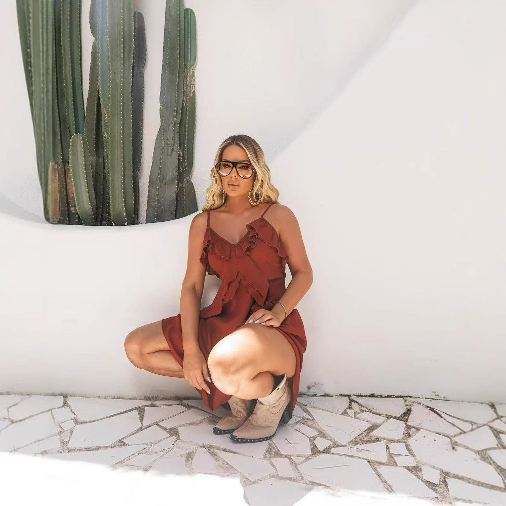 Women Patchwork Ruffle Slit Maxi Dress Slim Fit Sling Style | noémi