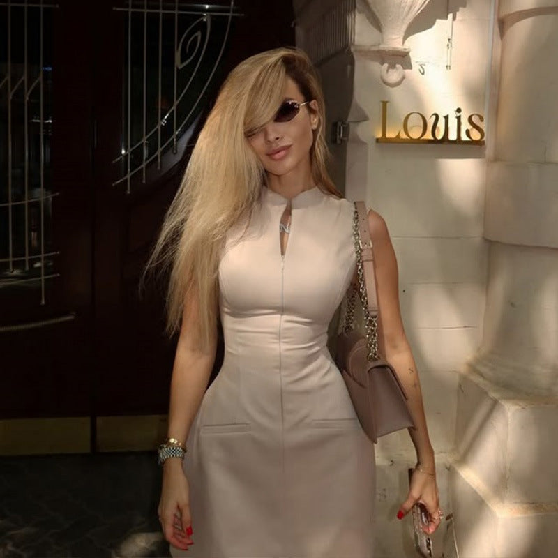 High Neck Seam Detail Mini Dress | Structured Sleeveless ALine in Sand Beige | noémi