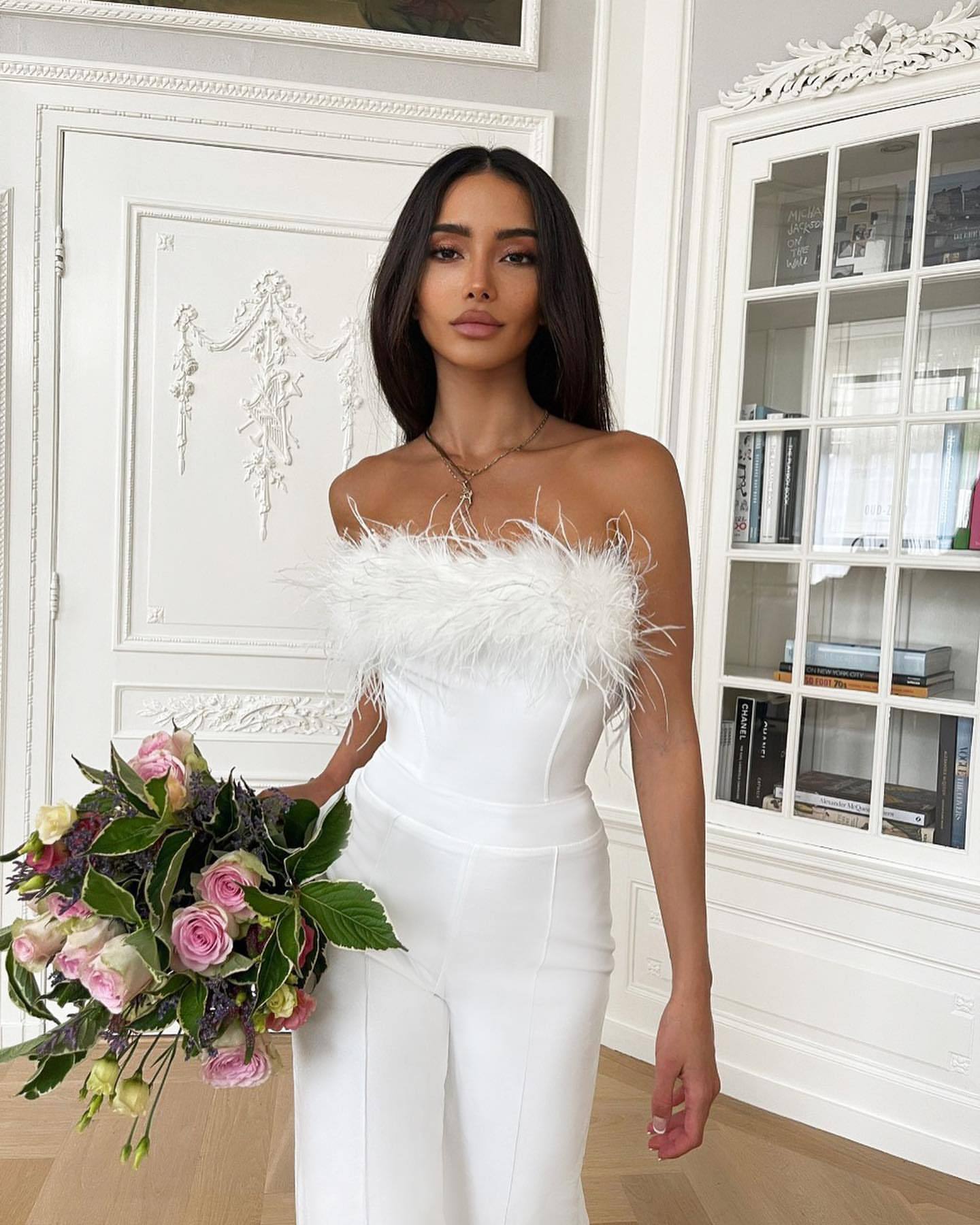 Feather Trim Jumpsuit | Strapless, V Plunge | Casual Trousers | noémi