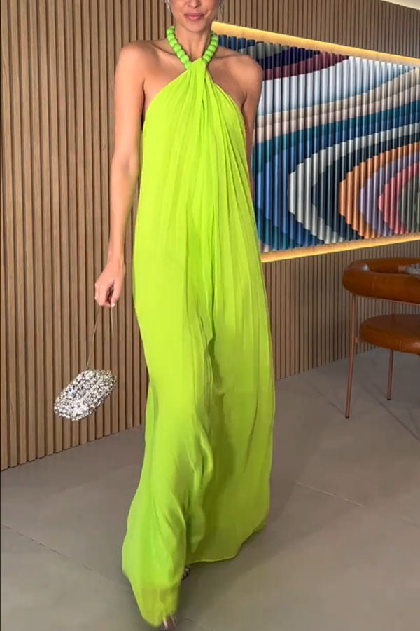 Womens Halter Maxi Dress | Lime Green Chiffon, Pleated, Backless, Flowy Fit | noémi