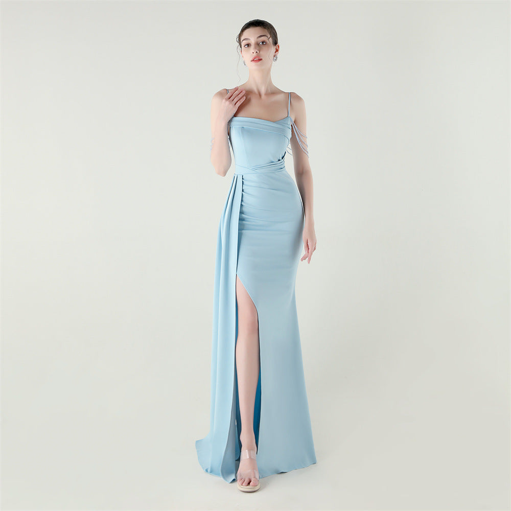 Satin Beaded Fishtail Dress | Spaghetti Straps, Thigh Slit | noémi