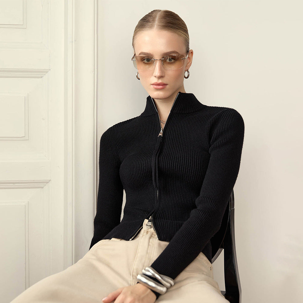 Womens Slim Fit Ribbed Knit Zipper Cardigan | Stand Collar | noémi