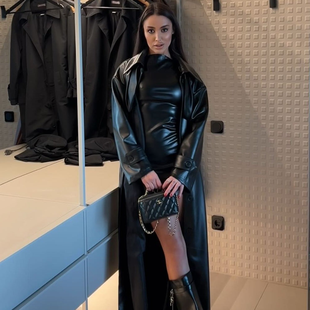 Womens Faux Leather Sleeveless Sheath Dress with Slim Waist | noémi