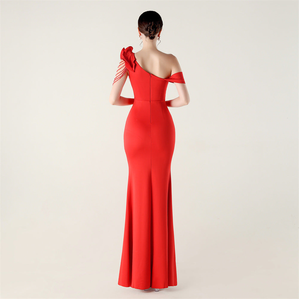 Ruffled One Shoulder Satin Gown with Beaded Chains | Slim Fit Fishtail Dress | noémi