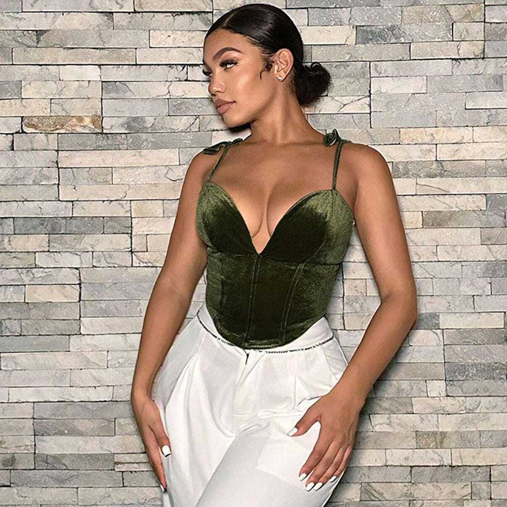 Women’s Velvet Spaghetti Strap Bodysuit | Deep VNeck Slim Fit Top, Olive Green | noémi