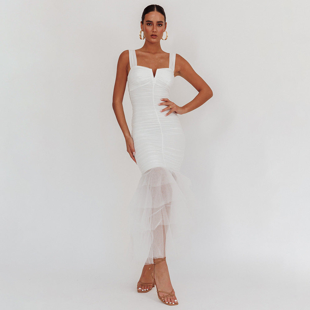Layered Tulle Strap Dress | Ruched Bodycon Midi | noémi