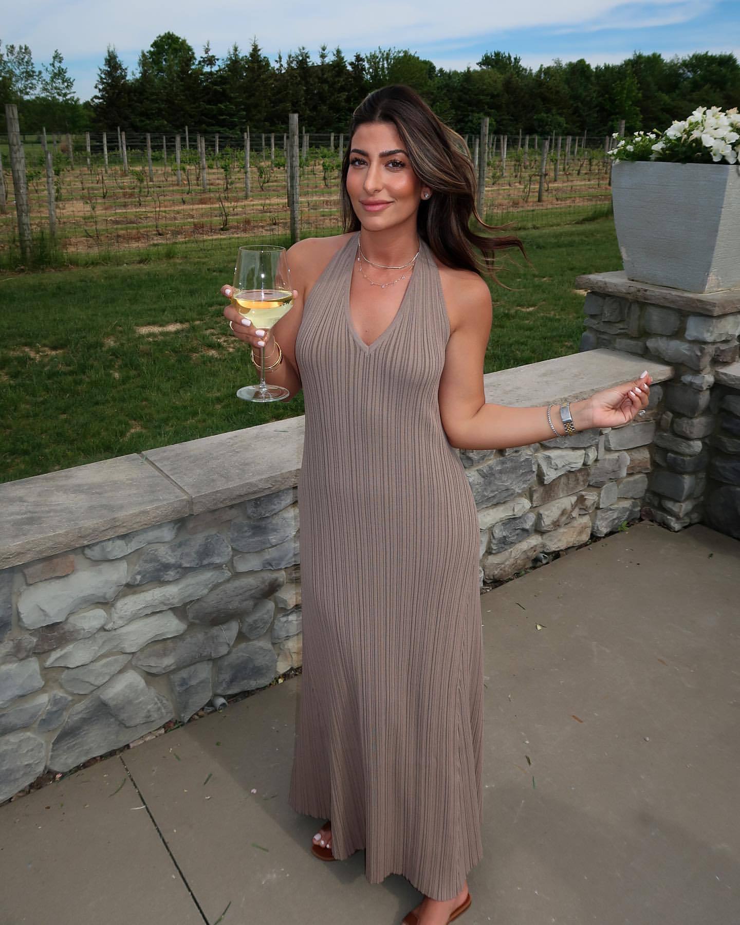 V Neck Knitted Long Dress with Backless Lace Up Detail | noémi