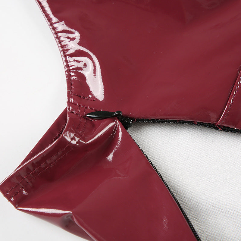 Wine Red Faux Leather Halter Top | Backless, ZipUp Camisole with LaceUp Detail | noémi