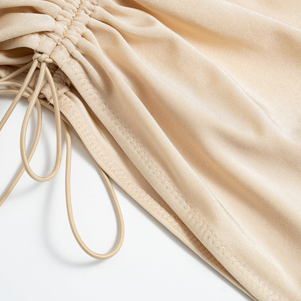Champagne Gold Cutout Midi Dress | Ruched Bodycon Silk Effect | noémi