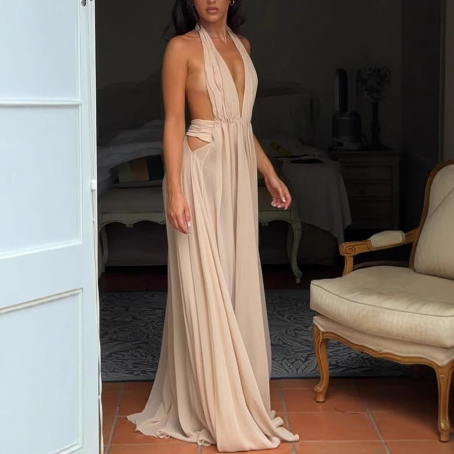Summer Deep V Neck, Pleated Halter, Backless | Long Formal Gown | noémi