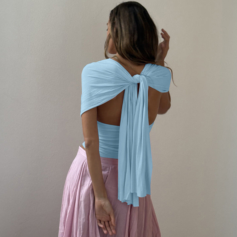 Plunge Halter Top | Draped Deep VNeck, Stretch Waist, Backless Summer Top | noémi