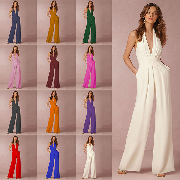 Women's White Halter Wide Leg Jumpsuit with Pockets | noémi
