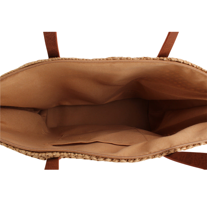 Brown Straw Woven Shoulder Bag – Pure Color Minimalist Tote for Daily Commute | noémi