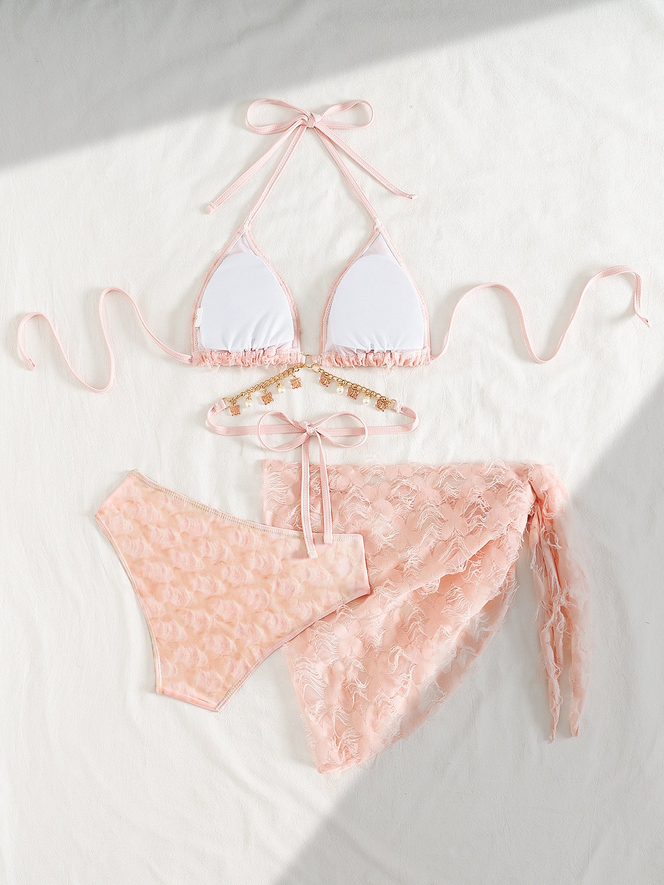 Pink High Sense Halter Swimsuit with Wrap Skirt Cover Up | Three Piece Lace Bikini Set | noémi