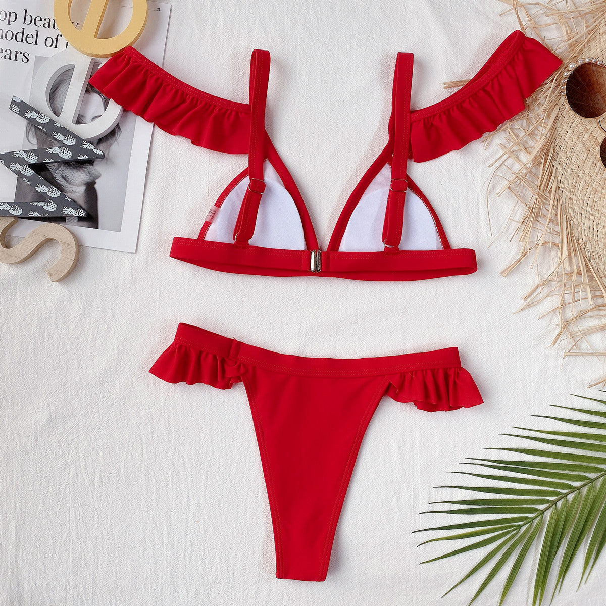Red Ruffle Bikini Set | Off Shoulder Lotus Sleeve Swimsuit | noémi