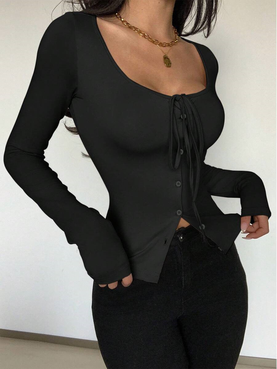Women's Long Sleeve Cardigan Top with LaceUp Front | Button Detail | noémi