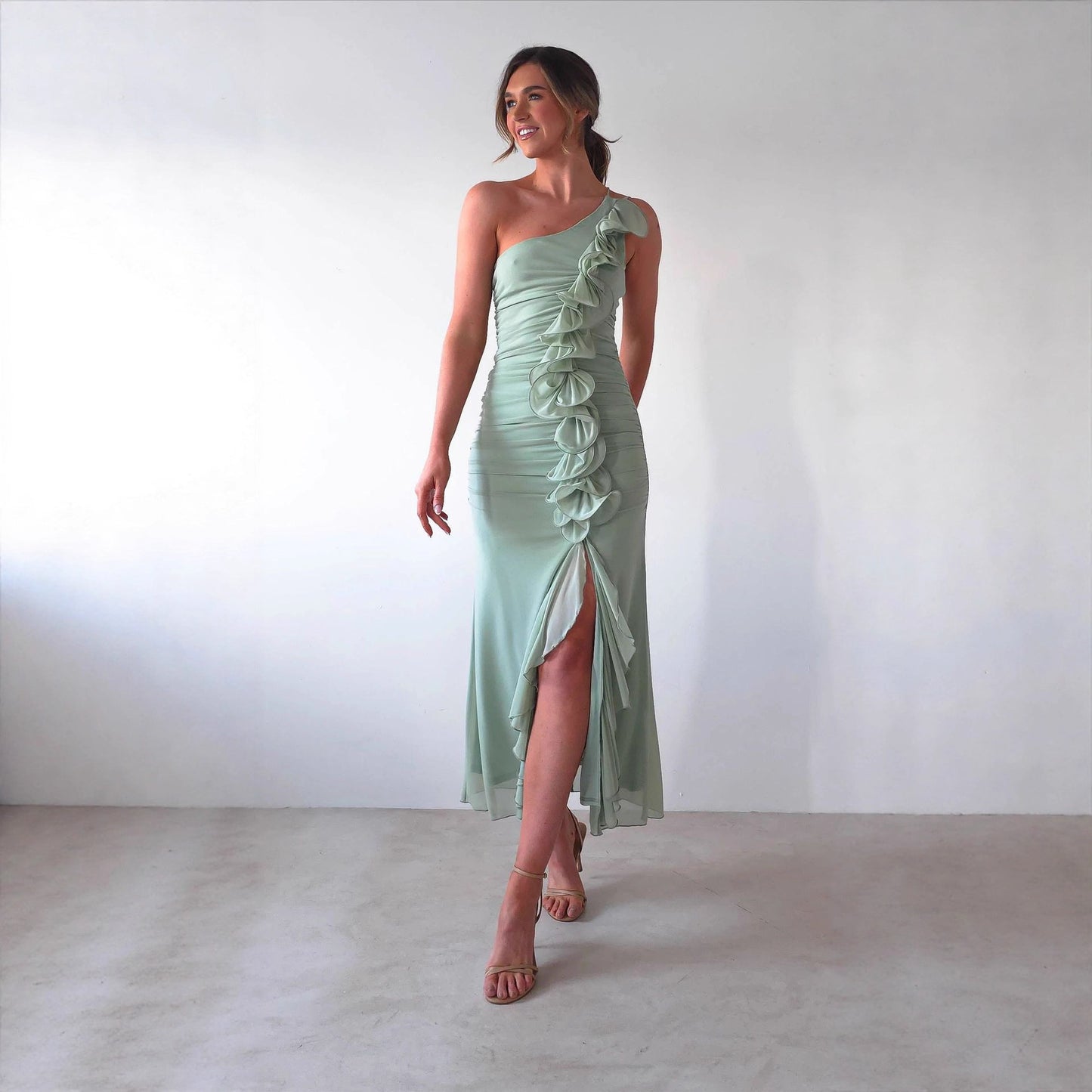 Womens One Shoulder Pleated Bodycon Dress | High Slit Ruched Midi Dress | noémi