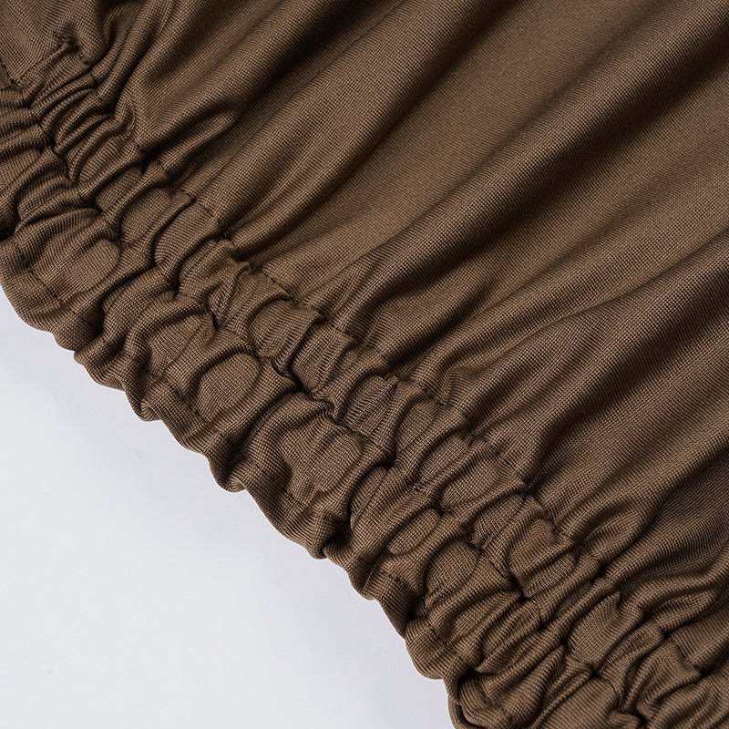 Beaded Halter Mini Dress | Backless Drawstring Bodycon | Chocolate Brown Cutout | noémi