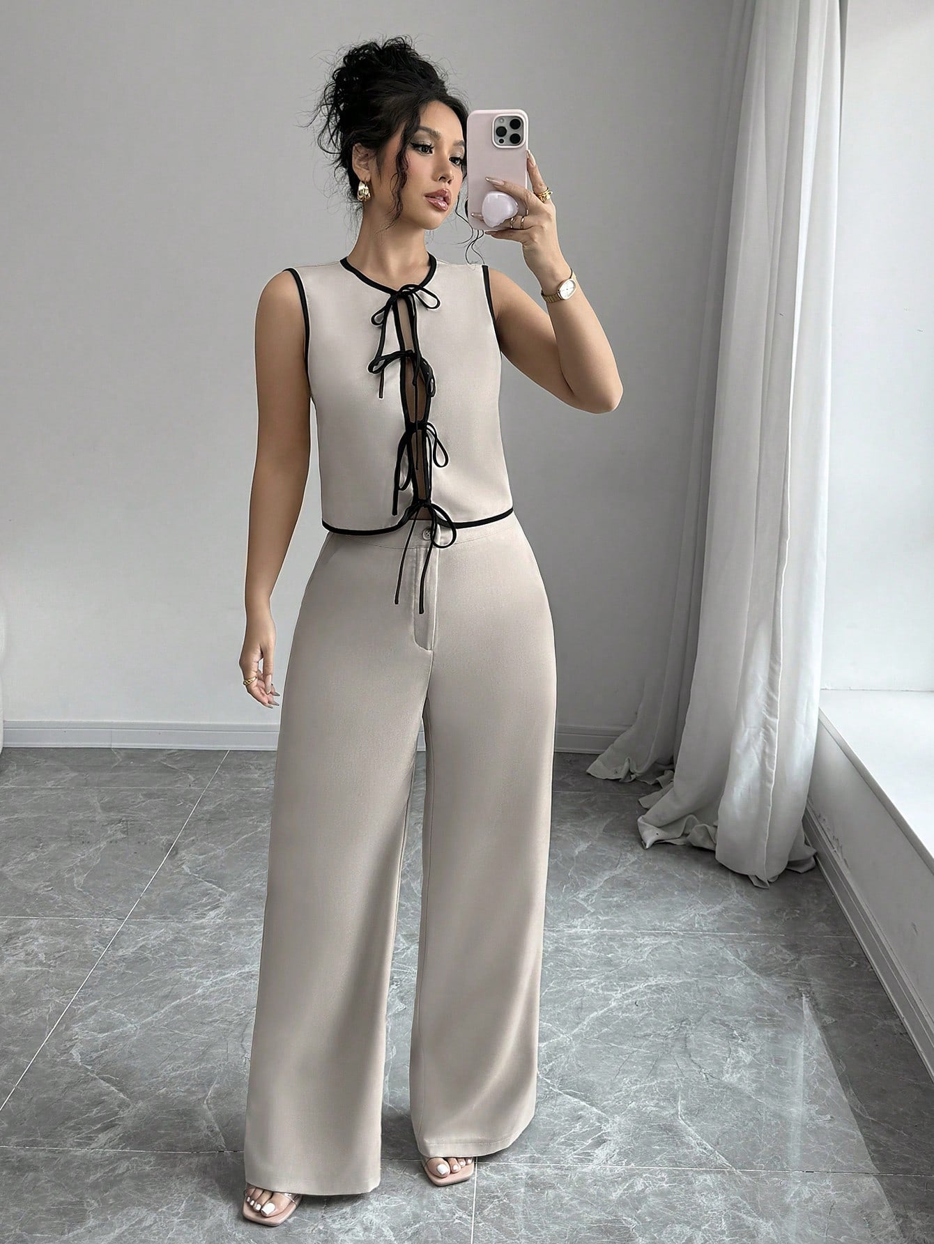 Womens 2 Piece Set | Lace Up Sleeveless Top & High Waist Wide Leg Pants | noémi