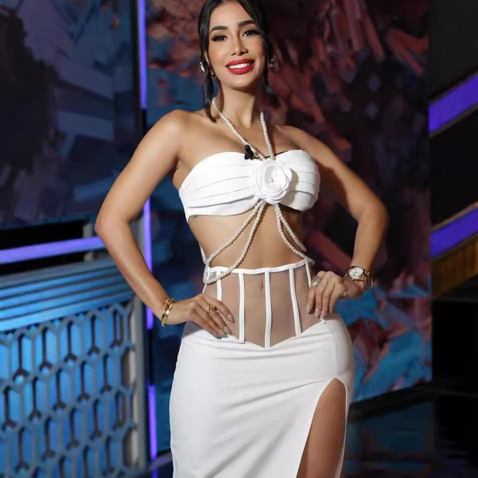 White Corset Gown | Pearl Strap Maxi Dress with High Slit | noémi