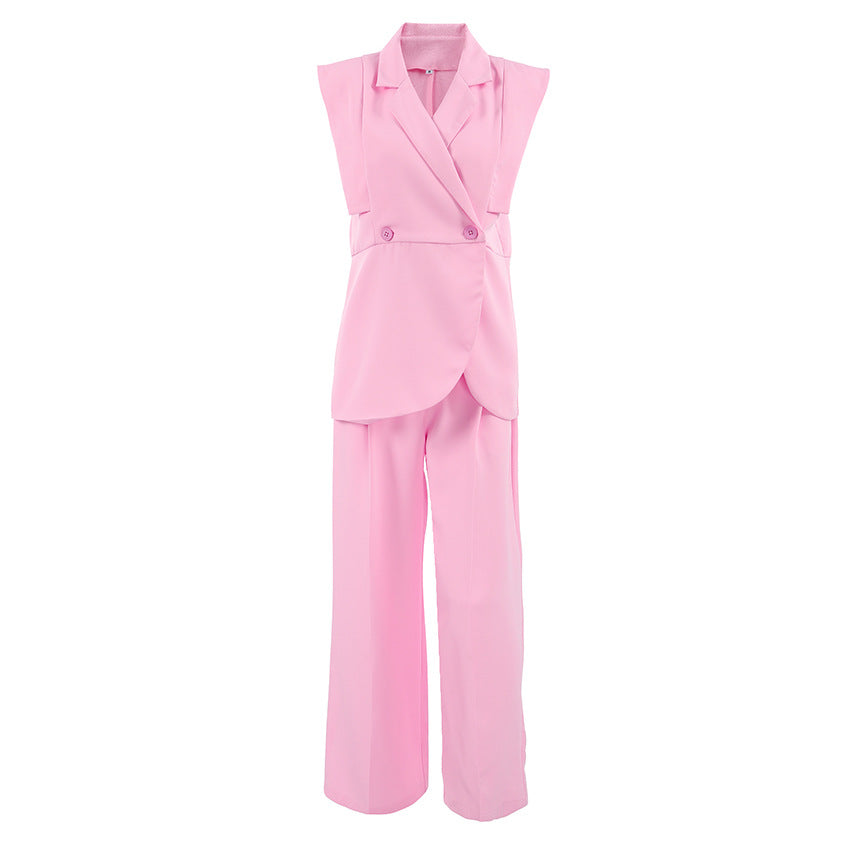 Pink Sleeveless Blazer & Wide Leg Trousers Set | Summer Two Piece Suit | noémi