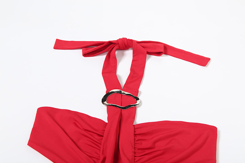 Women Halter Sheath Dress | Backless Lace Up Slim Fit with Pleated Detail | noémi