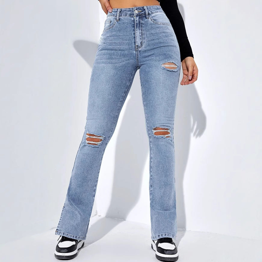 Ripped Flare Jeans | High Waisted Light Wash Denim with Knee Slits | noémi