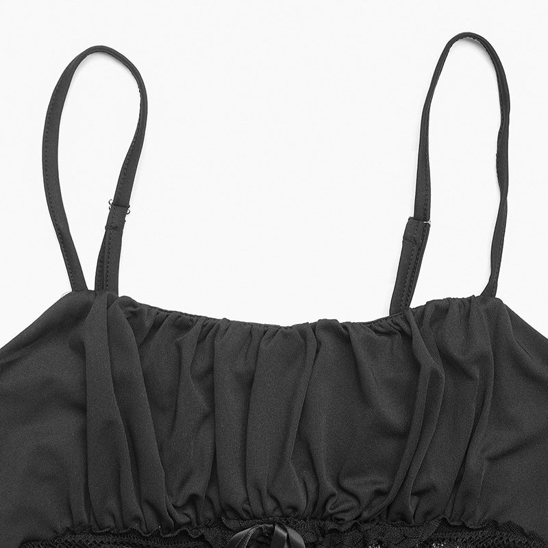Black Ruched Lace Corset Crop Top | Adjustable Spaghetti Straps, Sheer Waist Camisole | noémi