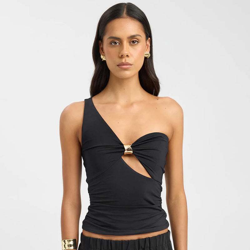 One Shoulder Cutout Top with Gold Ring | White Slim Fit Summer Tank | noémi