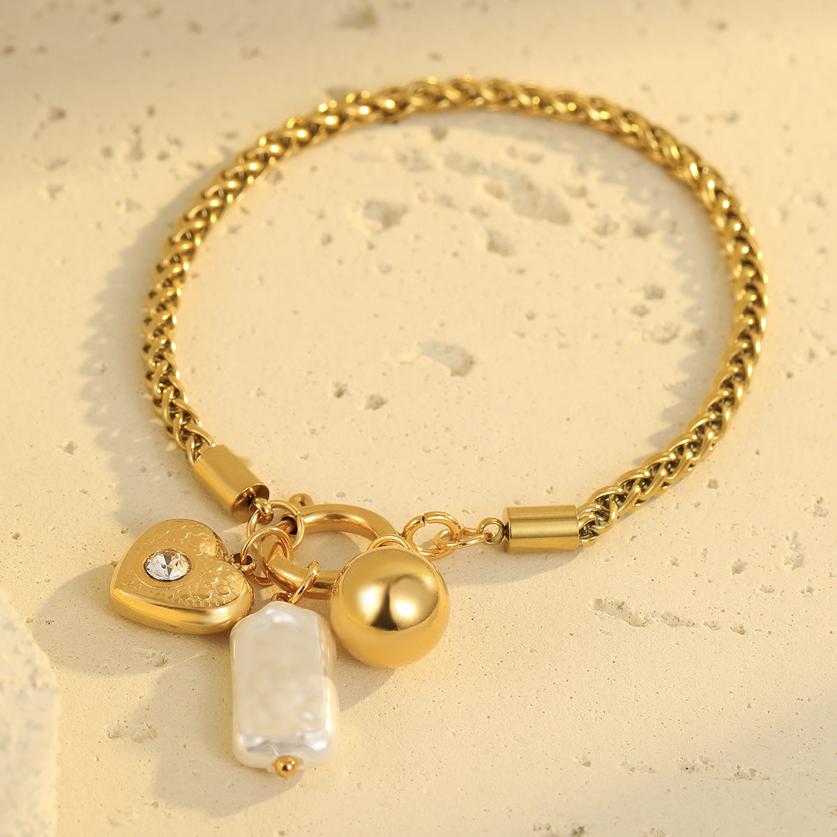 Gold Plated Stainless Steel Necklace & Bracelet Set | Pearl & Heart Charms, Diamond Accents | noémi