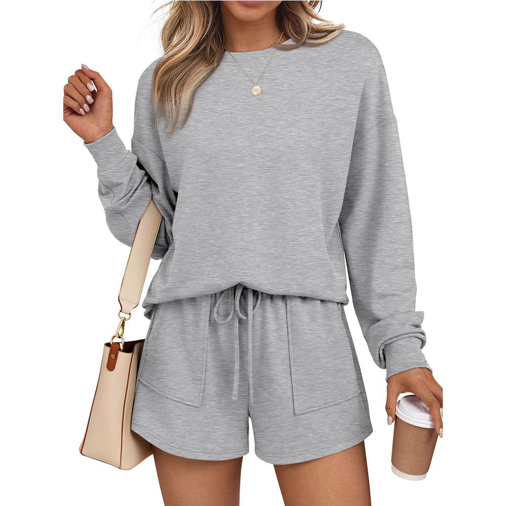 Fall Two Piece Lounge Set | Long Sleeve Pullover & Drawstring Shorts, Soft Knit | noémi