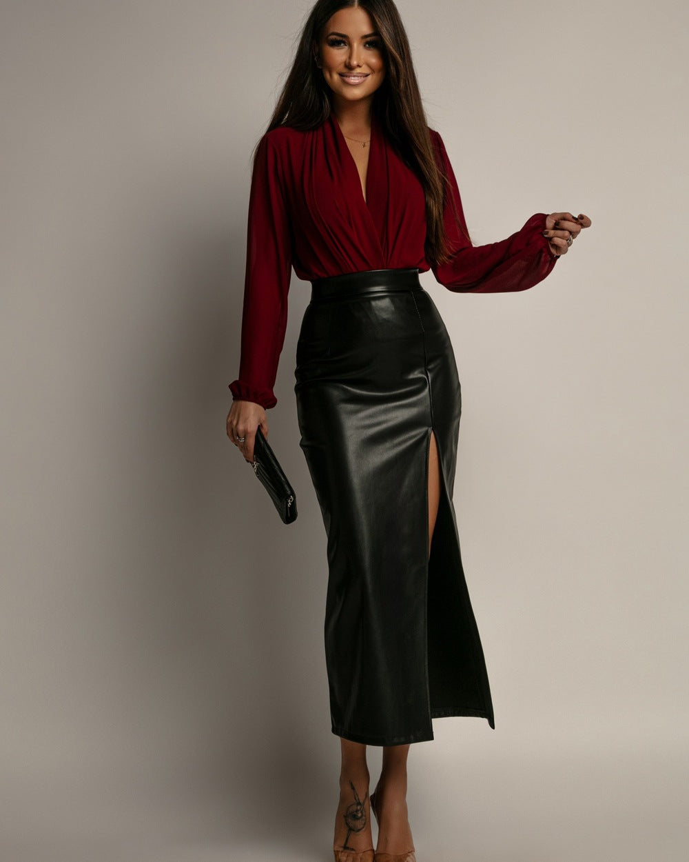 High Waist Leather Split Skirt | Women’s Figure Flattering Sheath Skirt | noémi