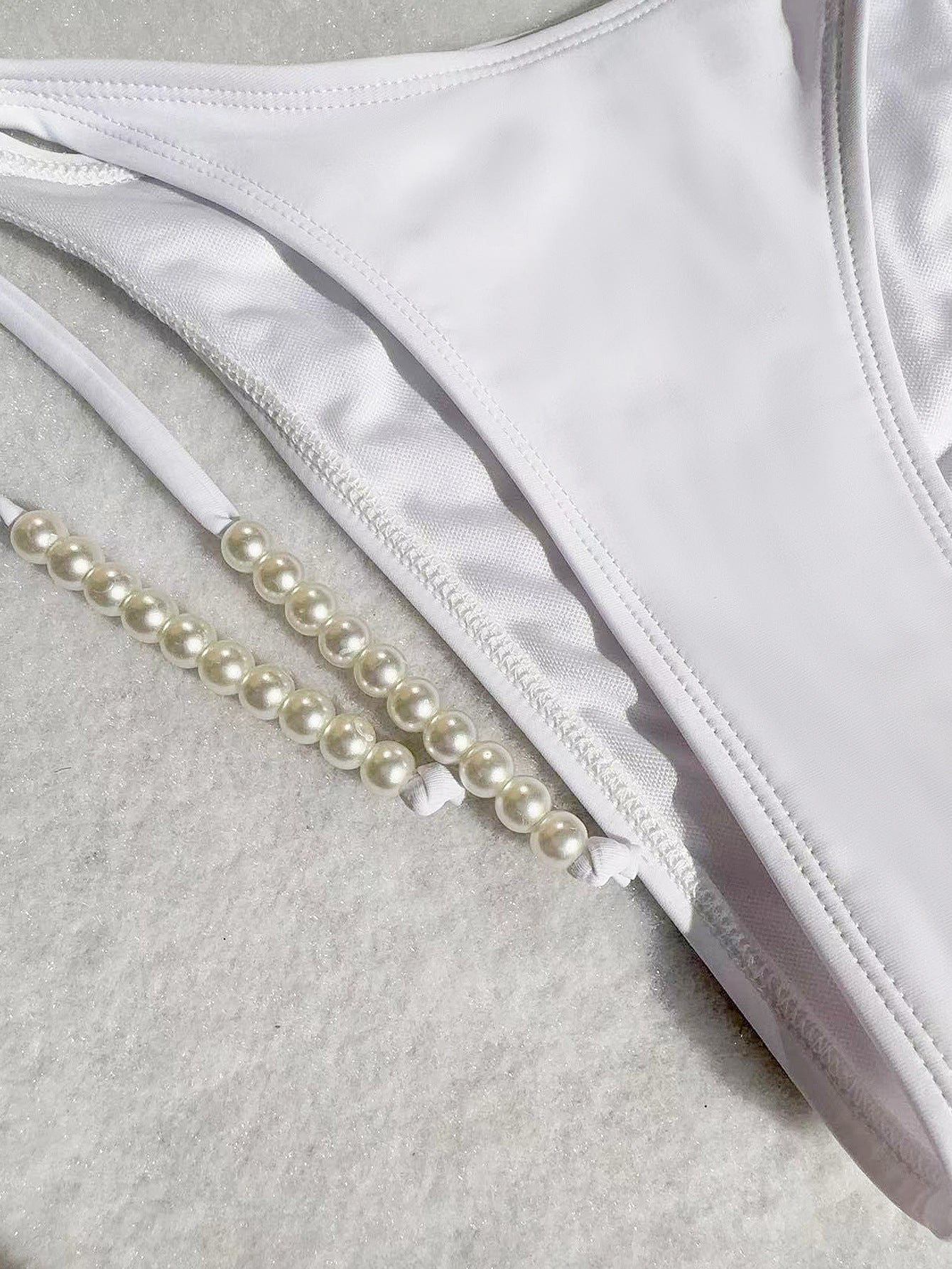 Pearl Chain Bikini | White Swimsuit with Drape Beads, Two-Piece Split Design | noémi