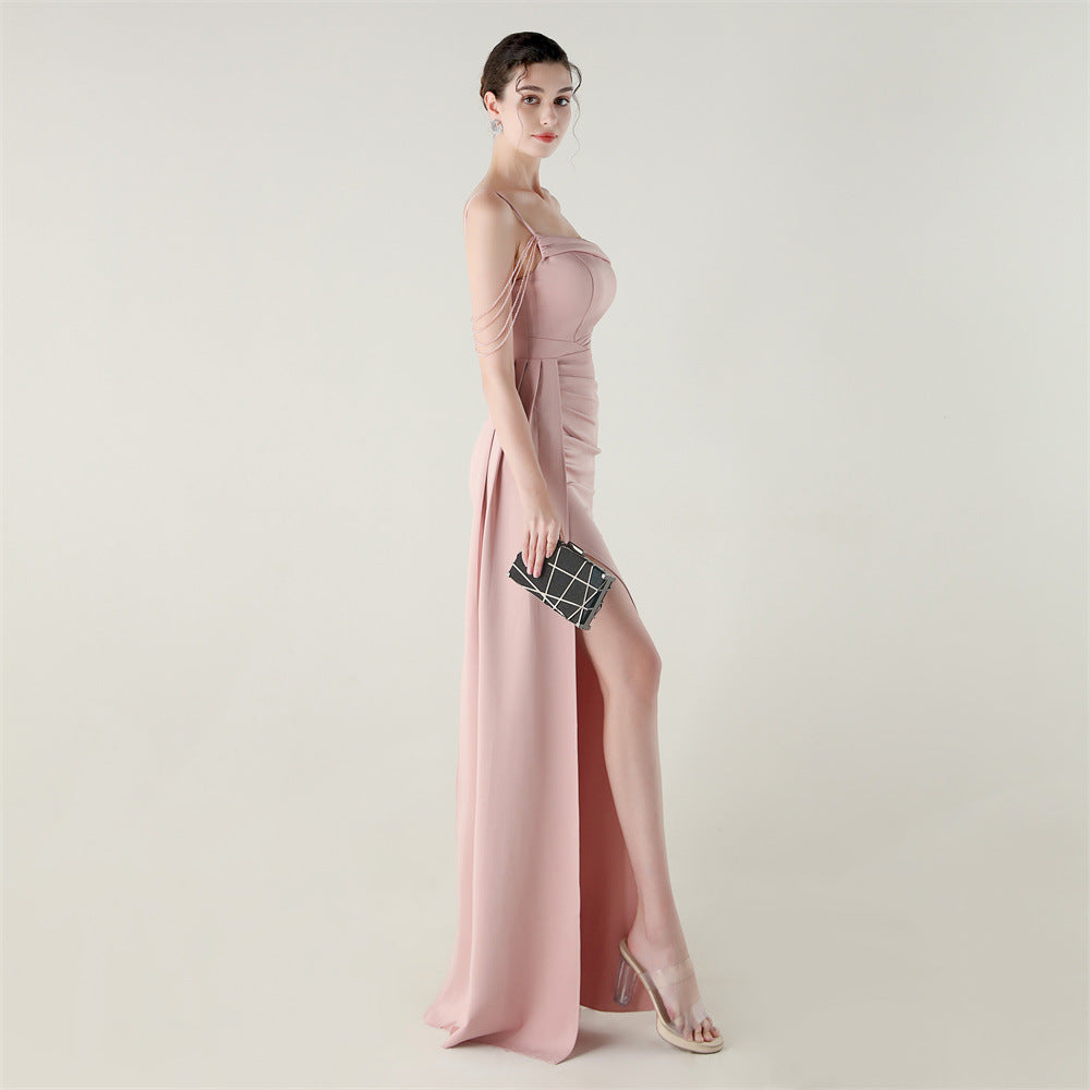 Satin Beaded Fishtail Dress | Spaghetti Straps, Thigh Slit | noémi