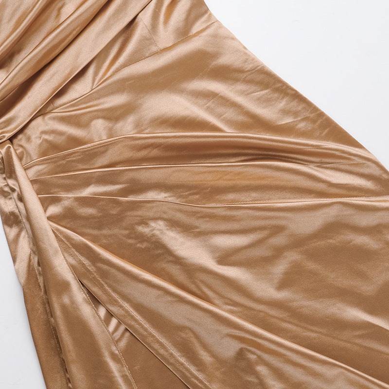 Satin Halter Gown | Backless Evening Dress, High Slit, Champagne Gold Elegance | noémi