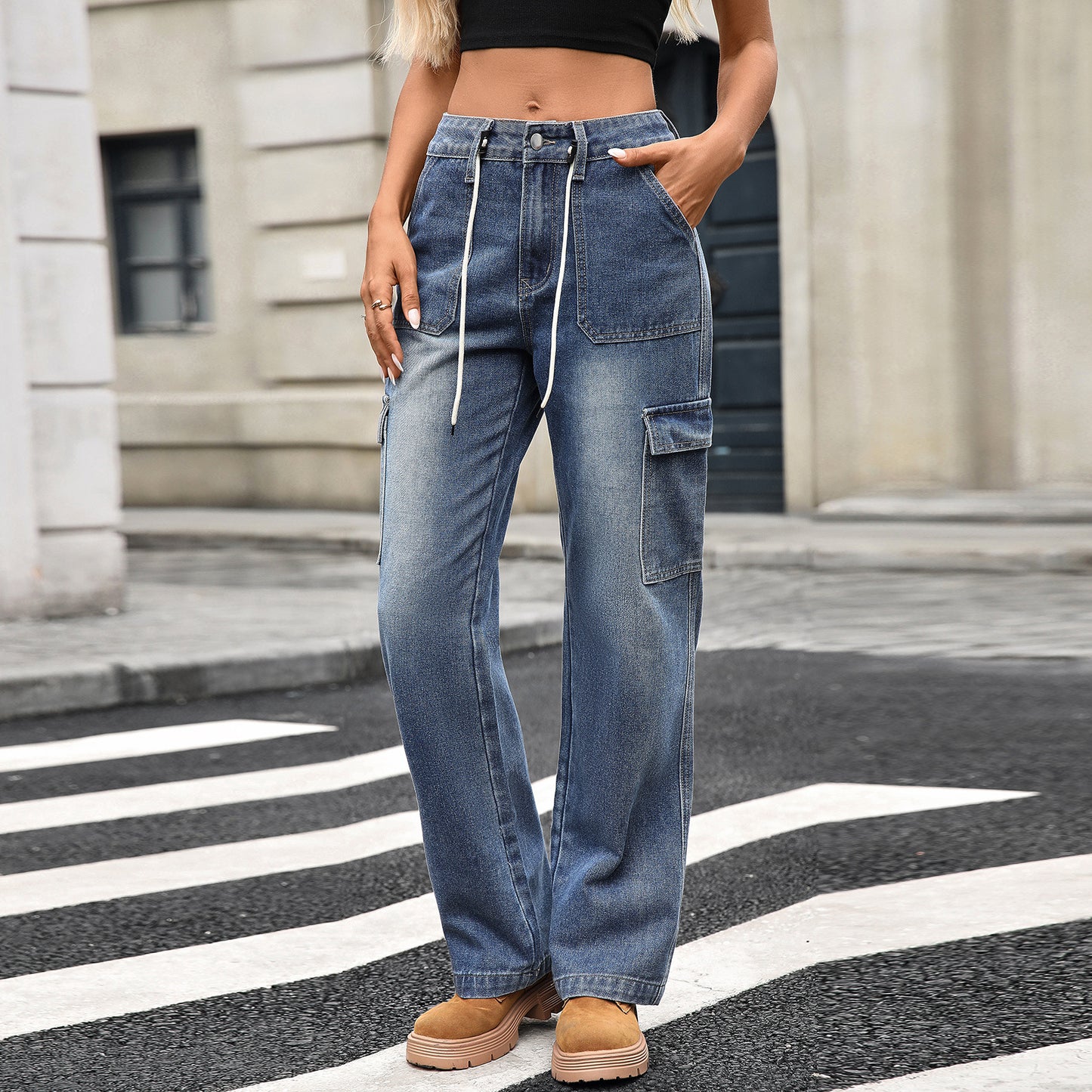 Straight Leg Cargo Jeans | Women’s Lace Up Multi Pocket Denim Pants | noémi