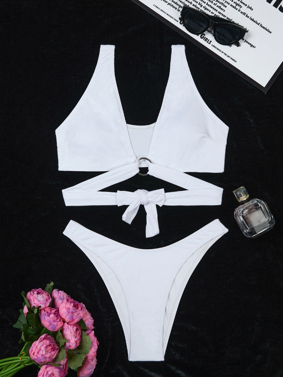 Ring Detail Three Point Bikini Set with Sunken Stripe Texture for Women | noémi