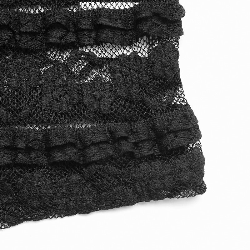 Black Ruched Lace Corset Crop Top | Adjustable Spaghetti Straps, Sheer Waist Camisole | noémi