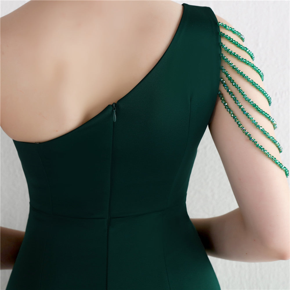 Satin Beaded One Shoulder Fishtail Gown | Slim Fit Slit Maxi Dress | noémi