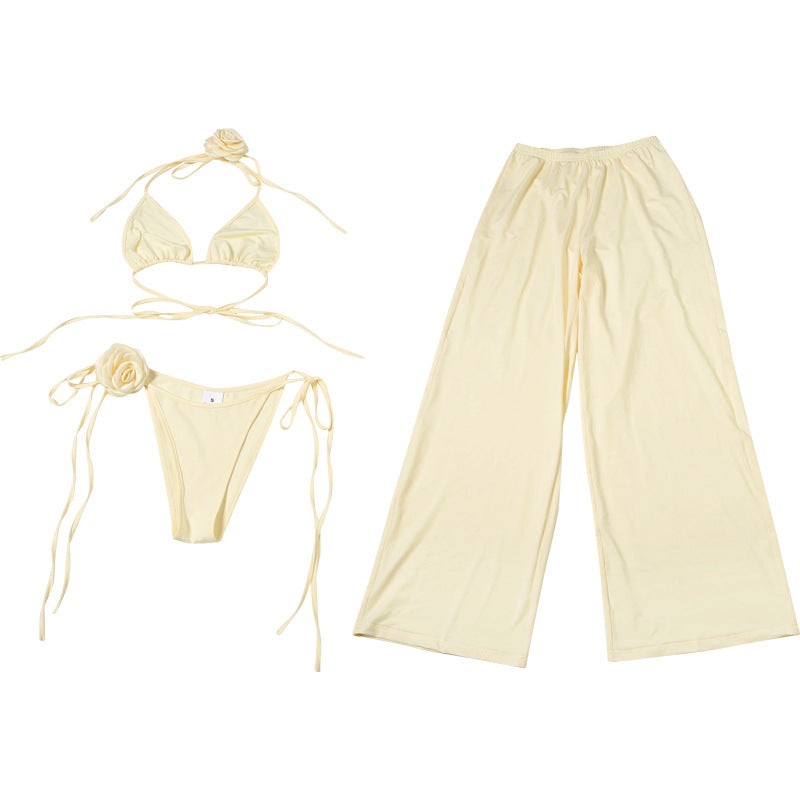 Three Piece Summer Set | Floral Appliqué Bralette, Tie Briefs & Wide Leg Pants | noémi