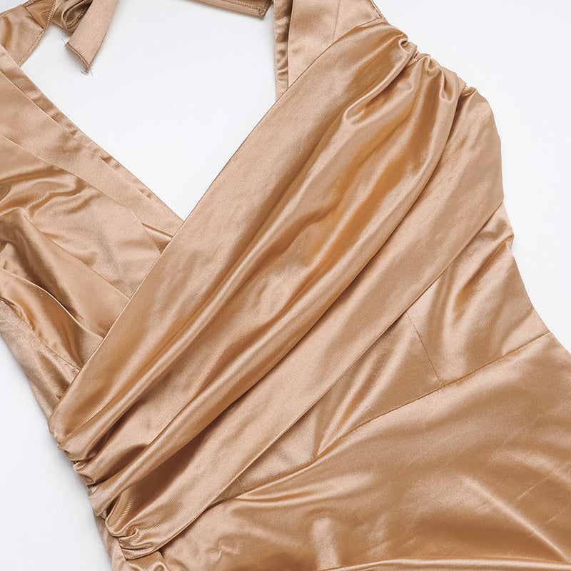 Satin Halter Gown | Backless Evening Dress, High Slit, Champagne Gold Elegance | noémi