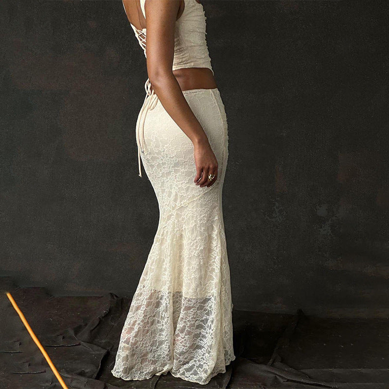 Lace Two Piece Set | Cream Ruched Crop Top & Fishtail Maxi Skirt with Corset Back | noémi