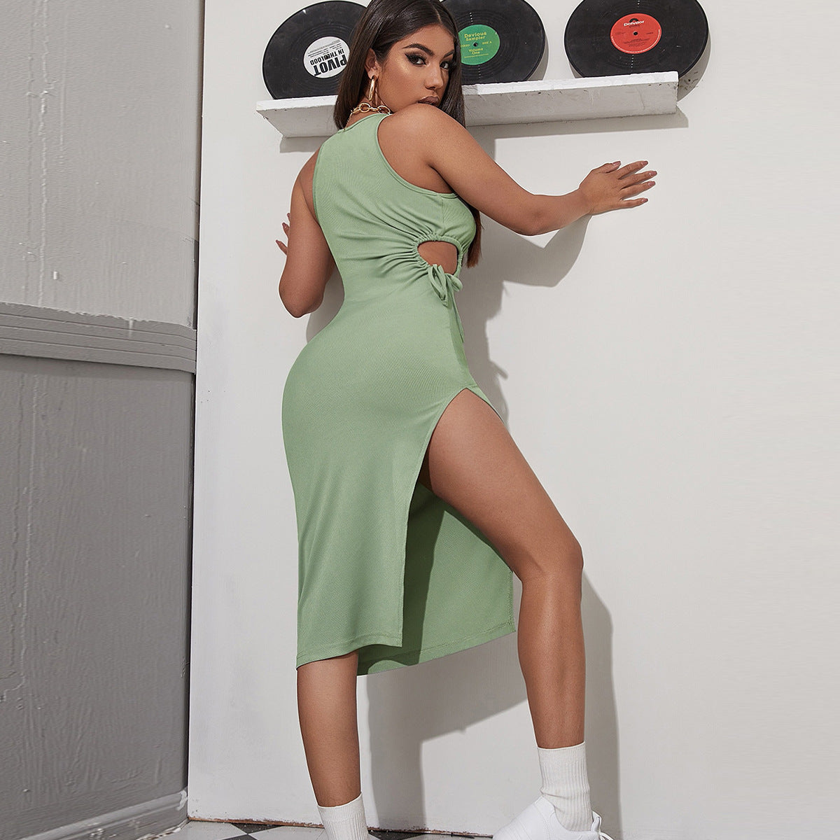 Strap Dress With Side Cutout Tied Detail Pleated Skirt And Thigh Slit | noémi