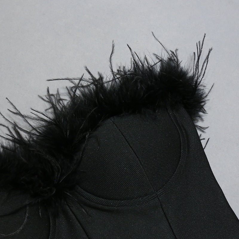 Women Tube Top Long Dress with Feather Trim and Bandage Fit | noémi