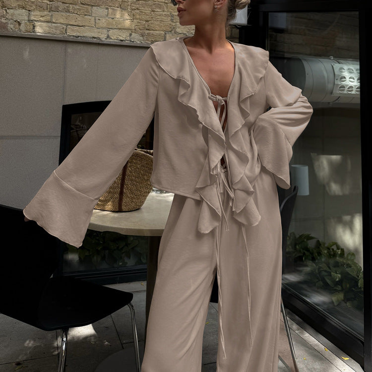 Ruffle V Neck Two Piece Set | Lace Up Blouse & Wide Leg Pants | noémi