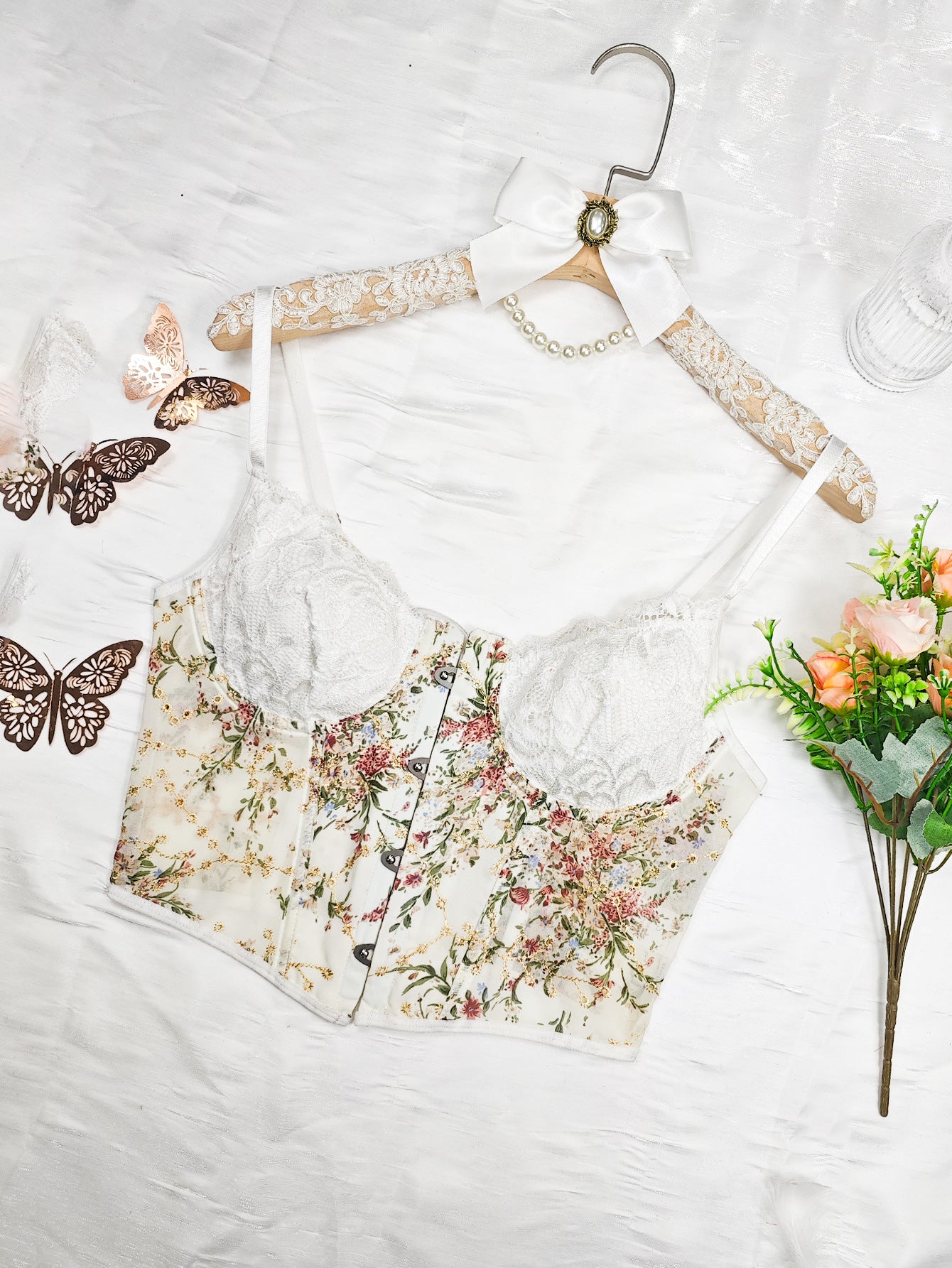 Chiffon Lace Boning Corset Vest with Waist Fit and Spaghetti Straps | noémi