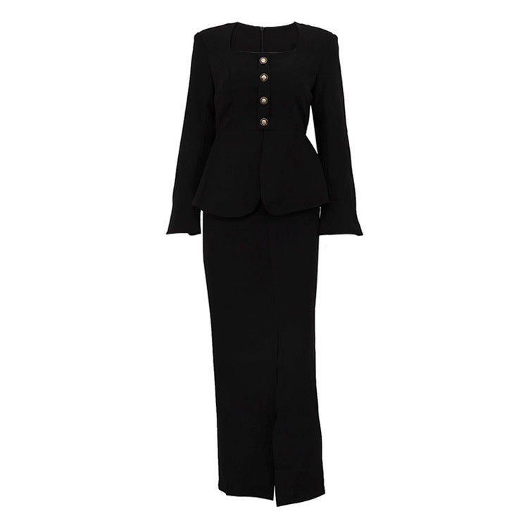 Women's Two Piece Set | Square Collar Cardigan & Package Hip Skirt | Long Sleeve Outfit | noémi